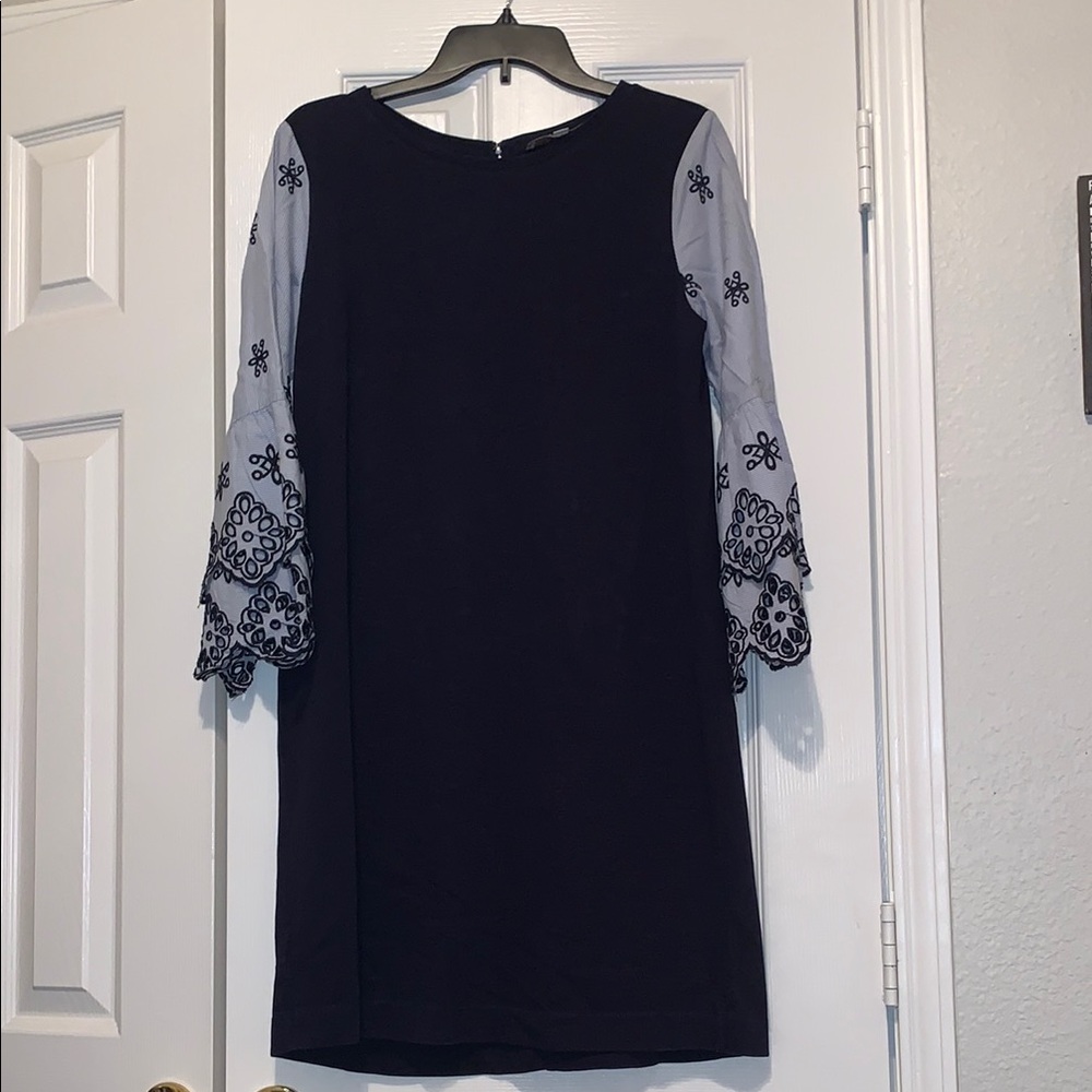 LOFT Navy Dress with bue Embroidered Sleeves